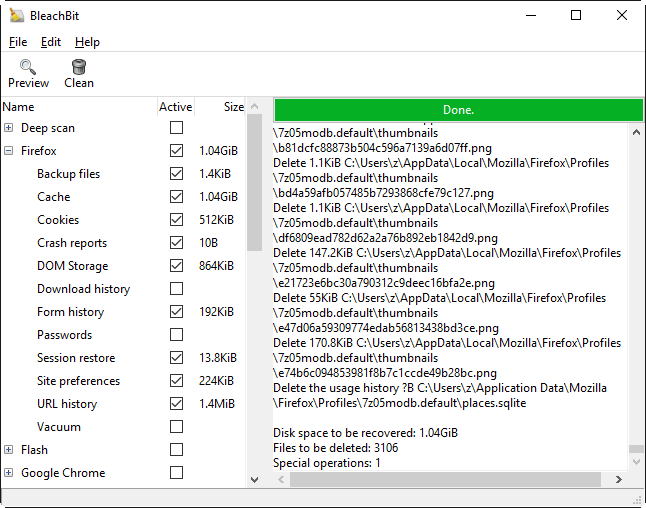 BleachBit 1.9.3 on Windows 10 showing Firefox preview