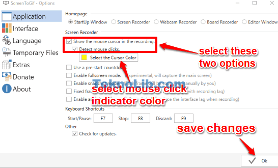 enable the show mouse cursor and detect mouse clicks options