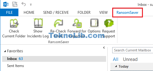ransomsaver tab on outlook interface