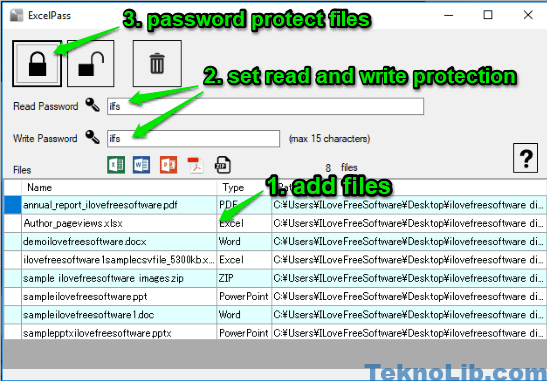 add files, set read write password and start processing