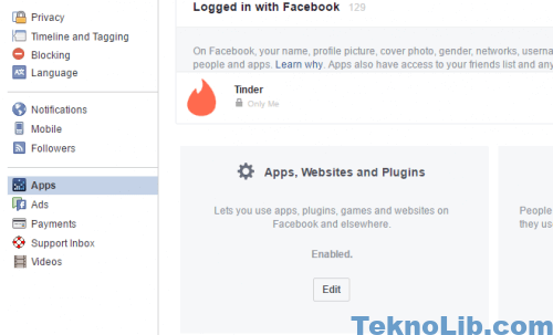 disable Tinder from Facebook settings